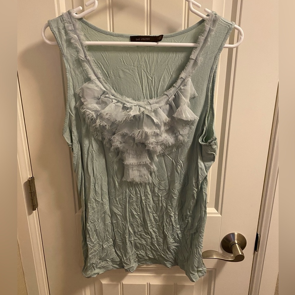 The Limited L Top Sage Green Frayed Ribbon Trim Tank Blouse Stretch Shirt Large